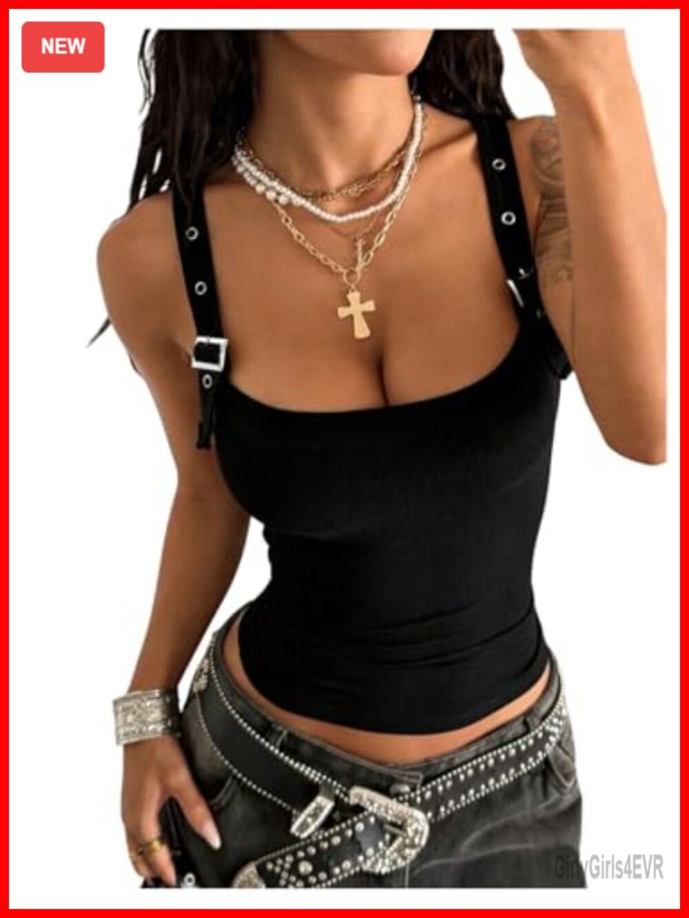 Women's Y2k Buckle Tank Top Scoop Neck Ribbed Knit Going Out Festival Outfit